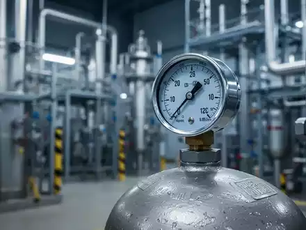 Nahaufnahme eines Manometers an einer Industriegasflasche, das einen leichten Rückgang anzeigt, mit unscharfem Hintergrund einer Chemieanlage. - Foto: über boerse-global.de