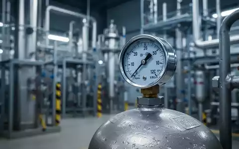 Nahaufnahme eines Manometers an einer Industriegasflasche, das einen leichten Rückgang anzeigt, mit unscharfem Hintergrund einer Chemieanlage. - Foto: über boerse-global.de