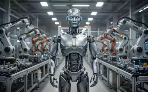A humanoid robot stands in a high-tech factory, symbolizing mass production and durability challenges in robotics. - Foto: über boerse-global.de