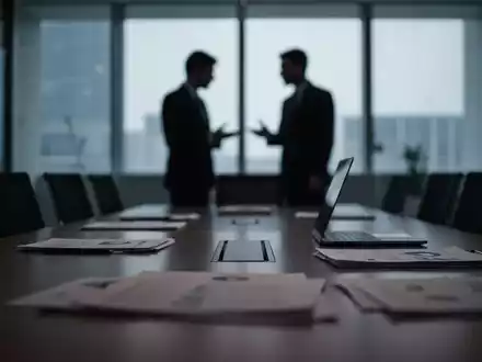 Zwei Personen in einem schwach beleuchteten Büro, die sich unterhalten, während Dokumente und ein Laptop auf einem Konferenztisch liegen, was eine interne Untersuchung andeutet. - Foto: über boerse-global.de
