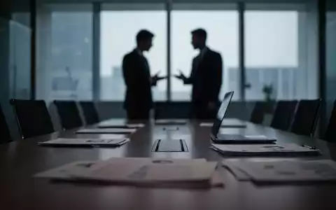 Zwei Personen in einem schwach beleuchteten Büro, die sich unterhalten, während Dokumente und ein Laptop auf einem Konferenztisch liegen, was eine interne Untersuchung andeutet. - Foto: über boerse-global.de