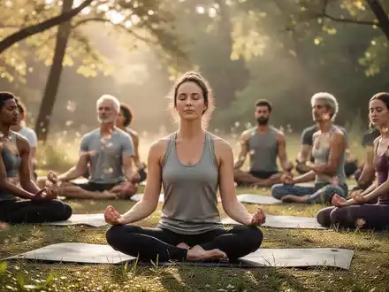 Eine Gruppe von Menschen praktiziert achtsames Yoga im Freien an einem sonnigen Ort, um Entspannung und Stressabbau zu fördern. - Foto: über boerse-global.de