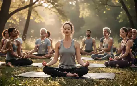 Eine Gruppe von Menschen praktiziert achtsames Yoga im Freien an einem sonnigen Ort, um Entspannung und Stressabbau zu fördern. - Foto: über boerse-global.de