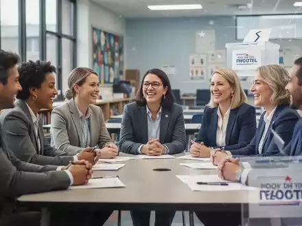 Eine Gruppe von Lehrern und Schulmitarbeitern diskutiert in einem modernen Klassenzimmer, umgeben von einem leichten Wahl-Motiv. - Foto: über boerse-global.de
