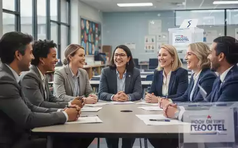 Eine Gruppe von Lehrern und Schulmitarbeitern diskutiert in einem modernen Klassenzimmer, umgeben von einem leichten Wahl-Motiv. - Foto: über boerse-global.de