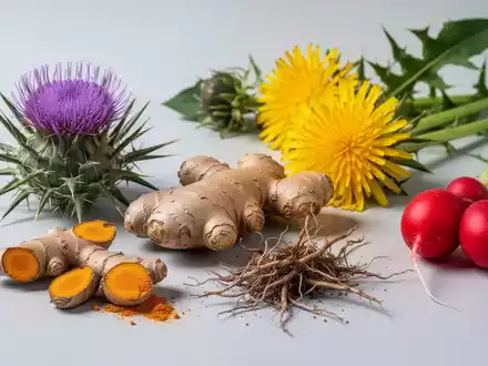 Eine stilvolle Anordnung von Mariendistel, Kurkuma, Ingwer, Löwenzahnwurzel und Radieschen auf einer sauberen Oberfläche, die Lebergesundheit symbolisiert. - Foto: über boerse-global.de