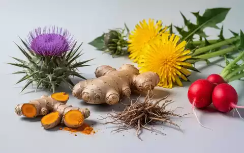 Eine stilvolle Anordnung von Mariendistel, Kurkuma, Ingwer, Löwenzahnwurzel und Radieschen auf einer sauberen Oberfläche, die Lebergesundheit symbolisiert. - Foto: über boerse-global.de