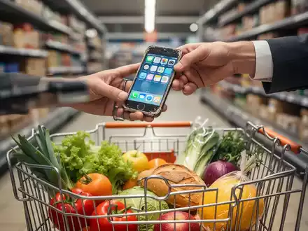 Eine Hand hält ein altes Smartphone über einem Einkaufskorb mit Lebensmitteln, um den Verkauf alter Elektronik bei Edeka zu symbolisieren. - Foto: über boerse-global.de