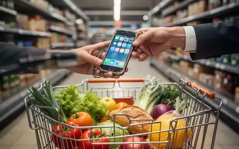 Eine Hand hält ein altes Smartphone über einem Einkaufskorb mit Lebensmitteln, um den Verkauf alter Elektronik bei Edeka zu symbolisieren. - Foto: über boerse-global.de