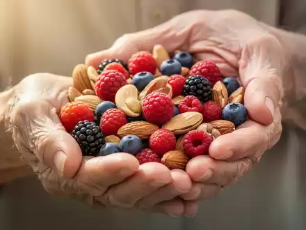 Eine ältere Hand hält sanft eine Handvoll bunter, nährstoffreicher Beeren und Nüsse, die gesunde Ernährung symbolisieren. - Foto: über boerse-global.de