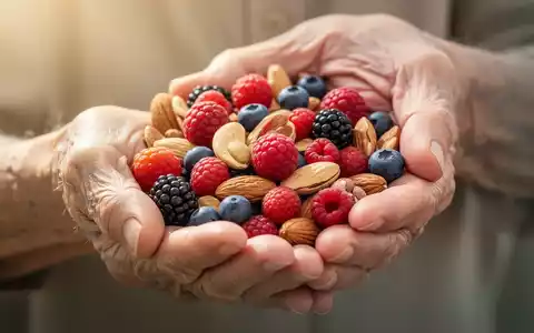 Eine ältere Hand hält sanft eine Handvoll bunter, nährstoffreicher Beeren und Nüsse, die gesunde Ernährung symbolisieren. - Foto: über boerse-global.de