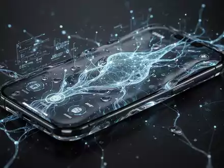 A close-up of a futuristic smartphone screen displaying a 'Liquid Glass' user interface with abstract glowing elements, representing AI integration. - Foto: über boerse-global.de