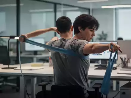 Eine Person dehnt sich mit einem Widerstandsband an einem modernen Büroschreibtisch, um Schulter- und Rückenverspannungen zu lösen. - Foto: über boerse-global.de