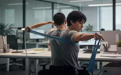 Eine Person dehnt sich mit einem Widerstandsband an einem modernen Büroschreibtisch, um Schulter- und Rückenverspannungen zu lösen. - Foto: über boerse-global.de