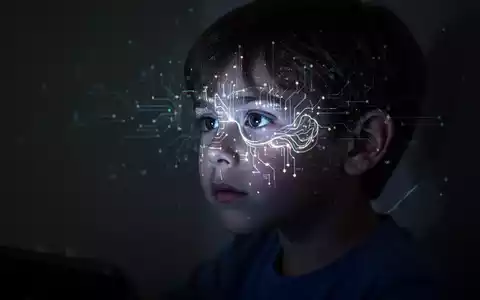 Silhouette eines Kindes, dessen Gesicht von einem digitalen Bildschirm beleuchtet wird, mit angedeuteter Gehirnaktivität. - Foto: über boerse-global.de