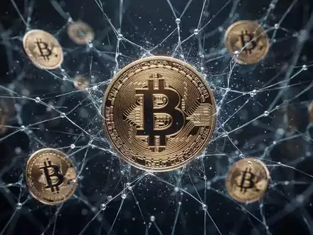 Bitcoin logo and other digital currency symbols dissolving into a glowing network, symbolizing a global police action against crypto laundering. - Foto: über boerse-global.de
