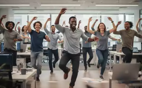 Büroangestellte tanzen oder dehnen sich gemeinsam in einem modernen Büro, symbolisierend Produktivitätssteigerung durch Pausenaktivitäten. - Foto: über boerse-global.de