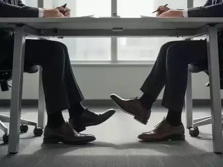 Nahaufnahme der Beine und Füße zweier Personen unter einem Tisch während eines Vorstellungsgesprächs, wobei eine Person auf den Zehenspitzen steht. - Foto: über boerse-global.de