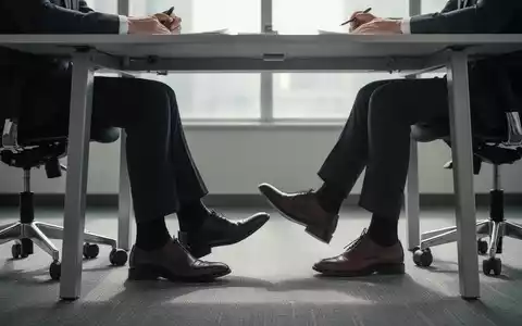 Nahaufnahme der Beine und Füße zweier Personen unter einem Tisch während eines Vorstellungsgesprächs, wobei eine Person auf den Zehenspitzen steht. - Foto: über boerse-global.de