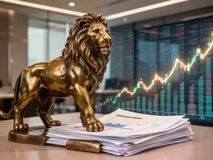 Eine elegante Löwenstatue aus Bronze bewacht Finanzdokumente und einen digitalen Aktienkurs-Ticker in einem modernen Büro. - Foto: über boerse-global.de
