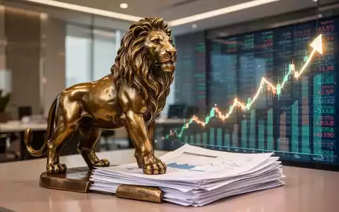 Eine elegante Löwenstatue aus Bronze bewacht Finanzdokumente und einen digitalen Aktienkurs-Ticker in einem modernen Büro. - Foto: über boerse-global.de