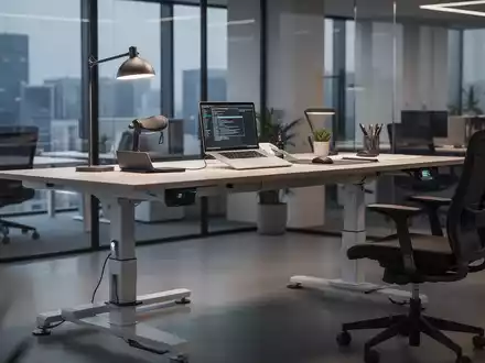Ein moderner, elektrisch höhenverstellbarer Schreibtisch in einem stilvollen Büro mit Laptop und ergonomischem Zubehör. - Foto: über boerse-global.de