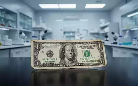 Eine einzelne, beleuchtete Zwei-Millionen-Dollar-Banknote liegt auf einer dunklen Oberfläche vor einem verschwommenen Hightech-Laborhintergrund. - Foto: über boerse-global.de