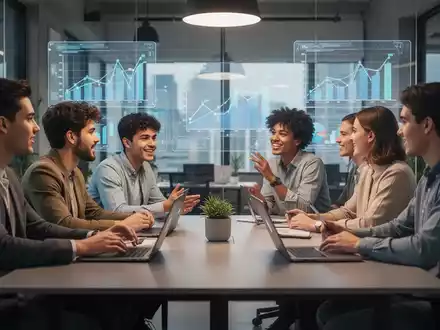 Junge Gründer diskutieren in einem modernen Co-Working Space, umgeben von digitalen Finanzprojektionen, die Planung und Innovation symbolisieren. - Foto: über boerse-global.de