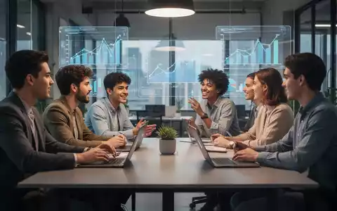 Junge Gründer diskutieren in einem modernen Co-Working Space, umgeben von digitalen Finanzprojektionen, die Planung und Innovation symbolisieren. - Foto: über boerse-global.de