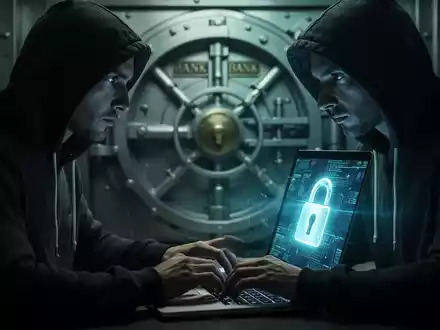 A person in a hoodie typing on a laptop, with a glowing padlock icon on the screen, in front of a blurred bank vault door. - Foto: über boerse-global.de