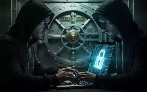 A person in a hoodie typing on a laptop, with a glowing padlock icon on the screen, in front of a blurred bank vault door. - Foto: über boerse-global.de