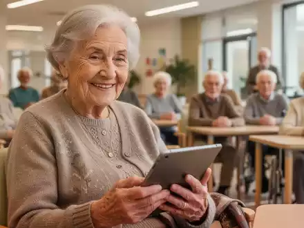 Eine lächelnde ältere deutsche Frau, die in einem modernen Gemeindezentrum ein Tablet benutzt, mit anderen Senioren im Hintergrund. - Foto: über boerse-global.de