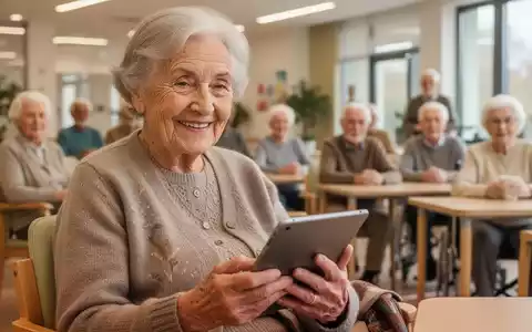 Eine lächelnde ältere deutsche Frau, die in einem modernen Gemeindezentrum ein Tablet benutzt, mit anderen Senioren im Hintergrund. - Foto: über boerse-global.de