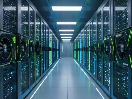 A brightly lit server room with rows of advanced computing infrastructure, featuring glowing blue and green lights from server racks. - Foto: über boerse-global.de