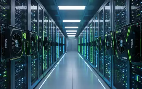 A brightly lit server room with rows of advanced computing infrastructure, featuring glowing blue and green lights from server racks. - Foto: über boerse-global.de