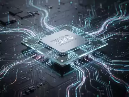A close-up of a futuristic GPU with glowing blue lights, intricate circuitry, and digital patterns on a dark background. - Foto: über boerse-global.de