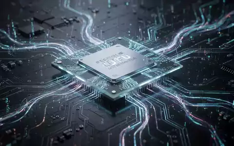 A close-up of a futuristic GPU with glowing blue lights, intricate circuitry, and digital patterns on a dark background. - Foto: über boerse-global.de