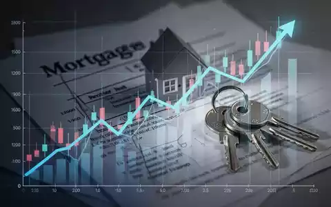 Ein stilisierter Finanzchart mit aufsteigender Tendenz, überlagert mit abstrakten Hypotheken- oder Hausschlüsselelementen. - Foto: über boerse-global.de