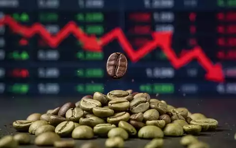 Ein einzelnes Kaffeebohnen fällt in einen Haufen grüner Kaffeebohnen vor einem unscharfen Börsenticker mit roten Abwärtspfeilen. - Foto: über boerse-global.de