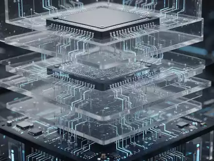 Close-up of a futuristic 3D integrated circuit (IC) showing vertically stacked layers and intricate connections, representing advanced chip design. - Foto: über boerse-global.de