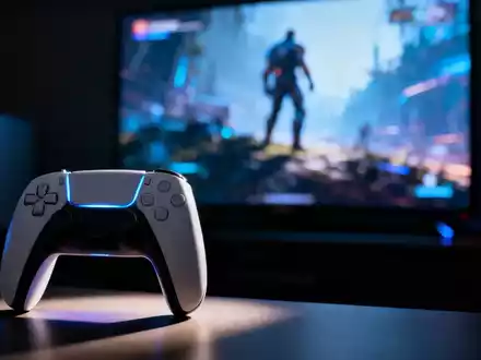 Ein moderner Videospiel-Controller leuchtet sanft vor einem unscharfen Bildschirm, auf dem ein Spieltrailer läuft. - Foto: über boerse-global.de