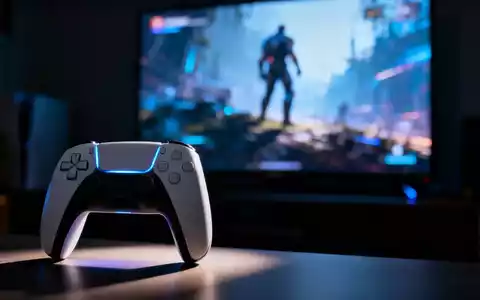 Ein moderner Videospiel-Controller leuchtet sanft vor einem unscharfen Bildschirm, auf dem ein Spieltrailer läuft. - Foto: über boerse-global.de