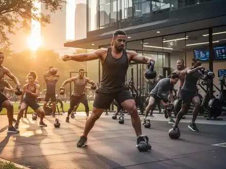 Eine Gruppe von Sportlern trainiert mit Kettlebells bei einem Outdoor-Bootcamp im Morgengrauen, mit einem modernen Fitnessstudio im Hintergrund. - Foto: über boerse-global.de