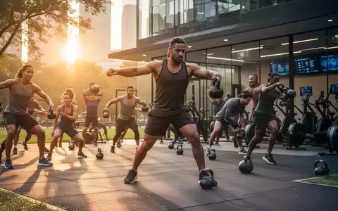 Eine Gruppe von Sportlern trainiert mit Kettlebells bei einem Outdoor-Bootcamp im Morgengrauen, mit einem modernen Fitnessstudio im Hintergrund. - Foto: über boerse-global.de