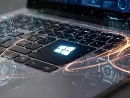 Nahaufnahme einer Laptop-Tastatur mit leuchtender Windows-Taste, umgeben von digitalen Elementen, die Geschwindigkeit und Effizienz symbolisieren. - Foto: über boerse-global.de