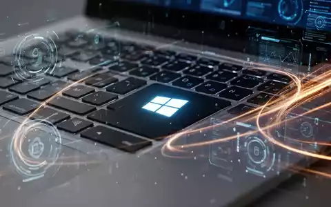 Nahaufnahme einer Laptop-Tastatur mit leuchtender Windows-Taste, umgeben von digitalen Elementen, die Geschwindigkeit und Effizienz symbolisieren. - Foto: über boerse-global.de