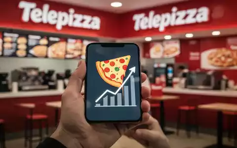 Eine Hand hält ein Smartphone, das ein Pizza-Symbol und eine steigende Grafik anzeigt, mit einem Telepizza-Restaurant im Hintergrund. - Foto: über boerse-global.de