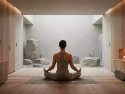 Eine Person meditiert in einem ruhigen, minimalistischen Spa-Raum mit weichem Licht und natürlichen Materialien, die Entspannung symbolisieren. - Foto: über boerse-global.de