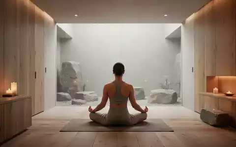 Eine Person meditiert in einem ruhigen, minimalistischen Spa-Raum mit weichem Licht und natürlichen Materialien, die Entspannung symbolisieren. - Foto: über boerse-global.de