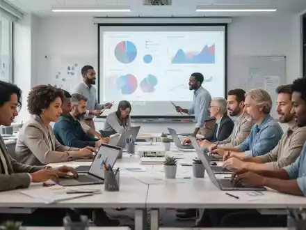 Eine Gruppe von Erwachsenen lernt in einem modernen Klassenzimmer, mit Laptops und einem Projektor, der Daten anzeigt. - Foto: über boerse-global.de
